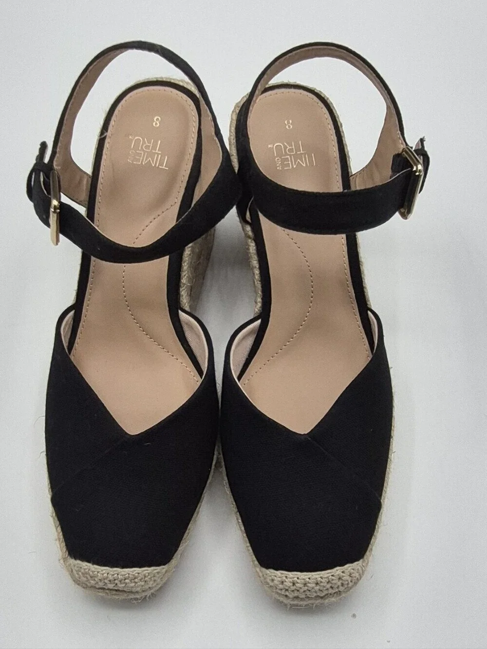 Time and Tru Black Espadrille Wedge Sandals with Ankle Strap